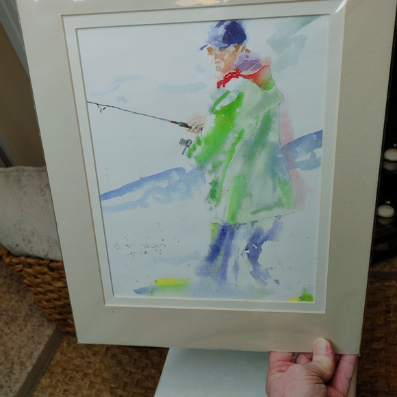 WATERCOLOR MATTED PRINT OF FISHERMAN AT CROSS SOUND LODGE ALASKA 14 X 11 - Picture 5 of 6
